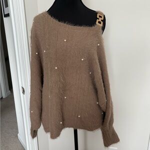 SHEIN Brown Off-Shoulder Fuzzy Sweater with Pearl Accents